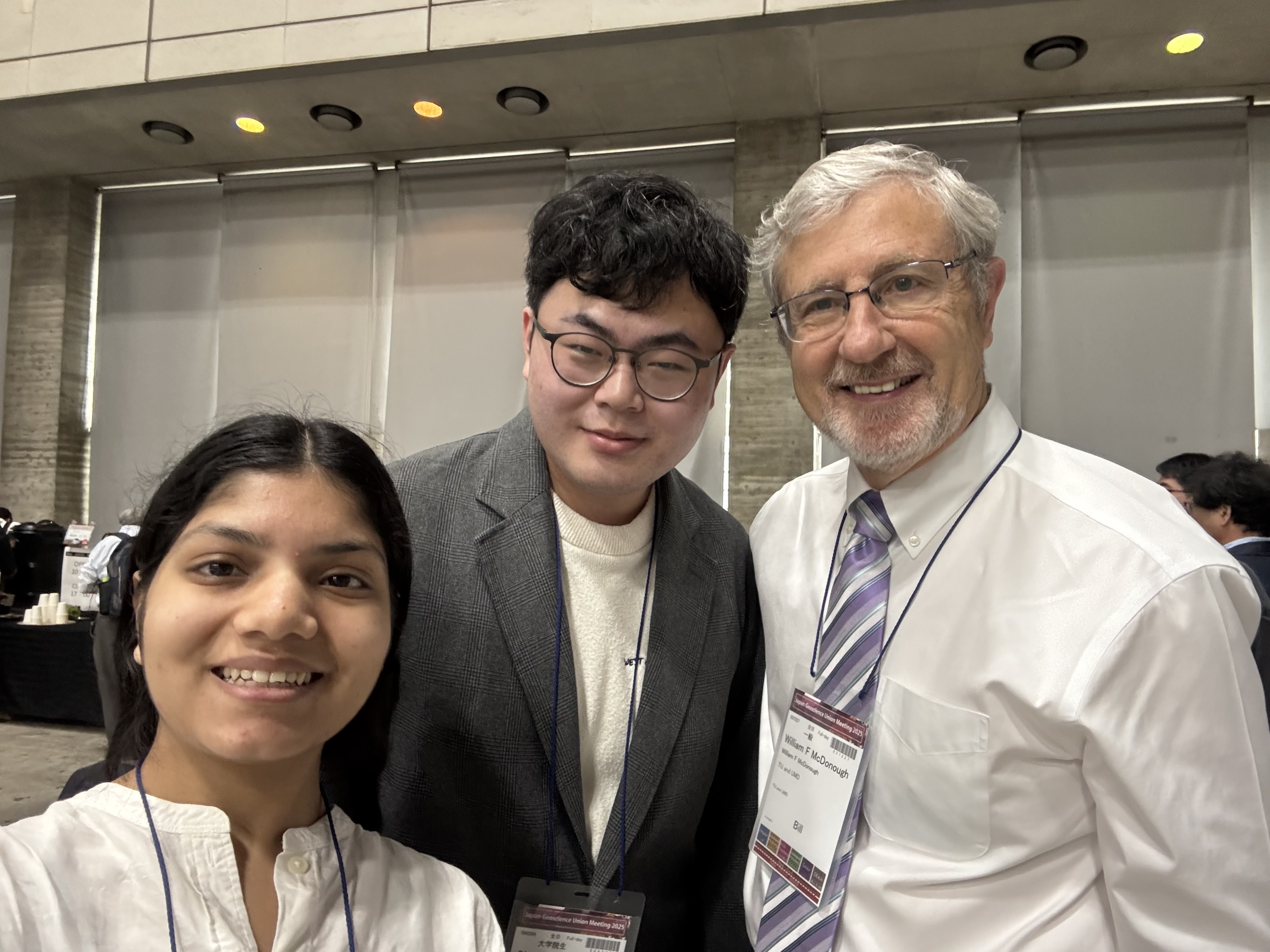 Group photo of me with Prof. William F. McDonough and Simran Chauhan at JpGU 2025